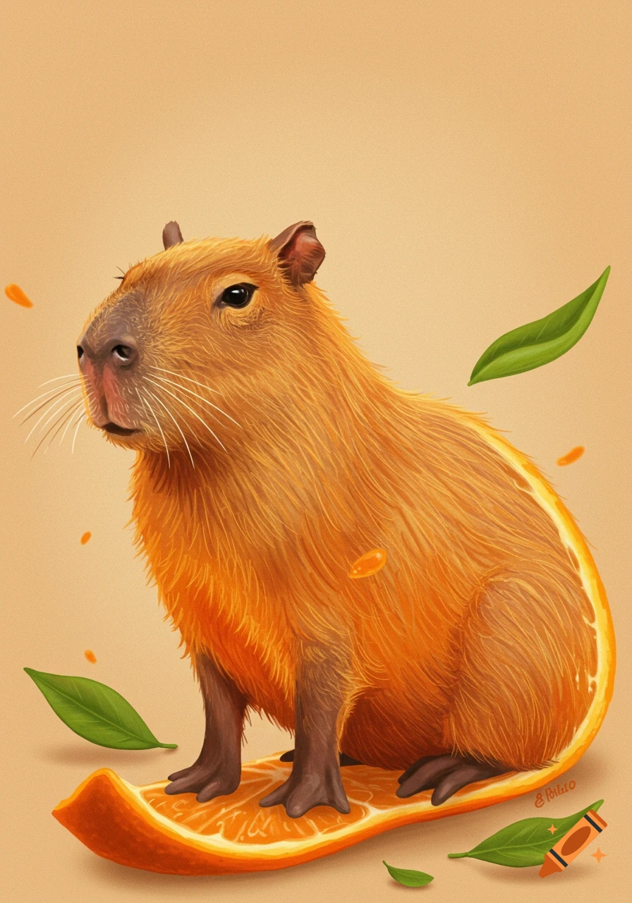 A capybara with an orange body sitting on an orange slice, with leaves.