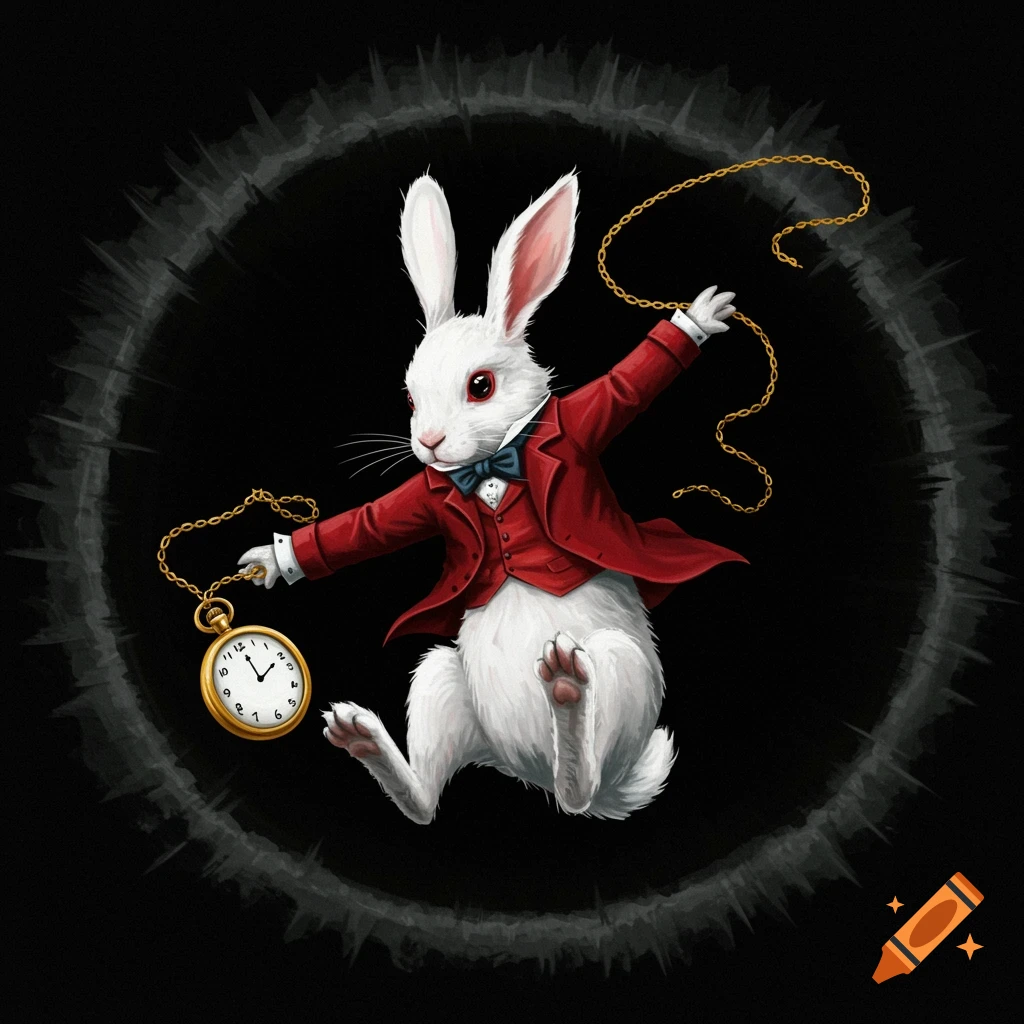 The White Rabbit in a red suit falling with a gold pocket watch.