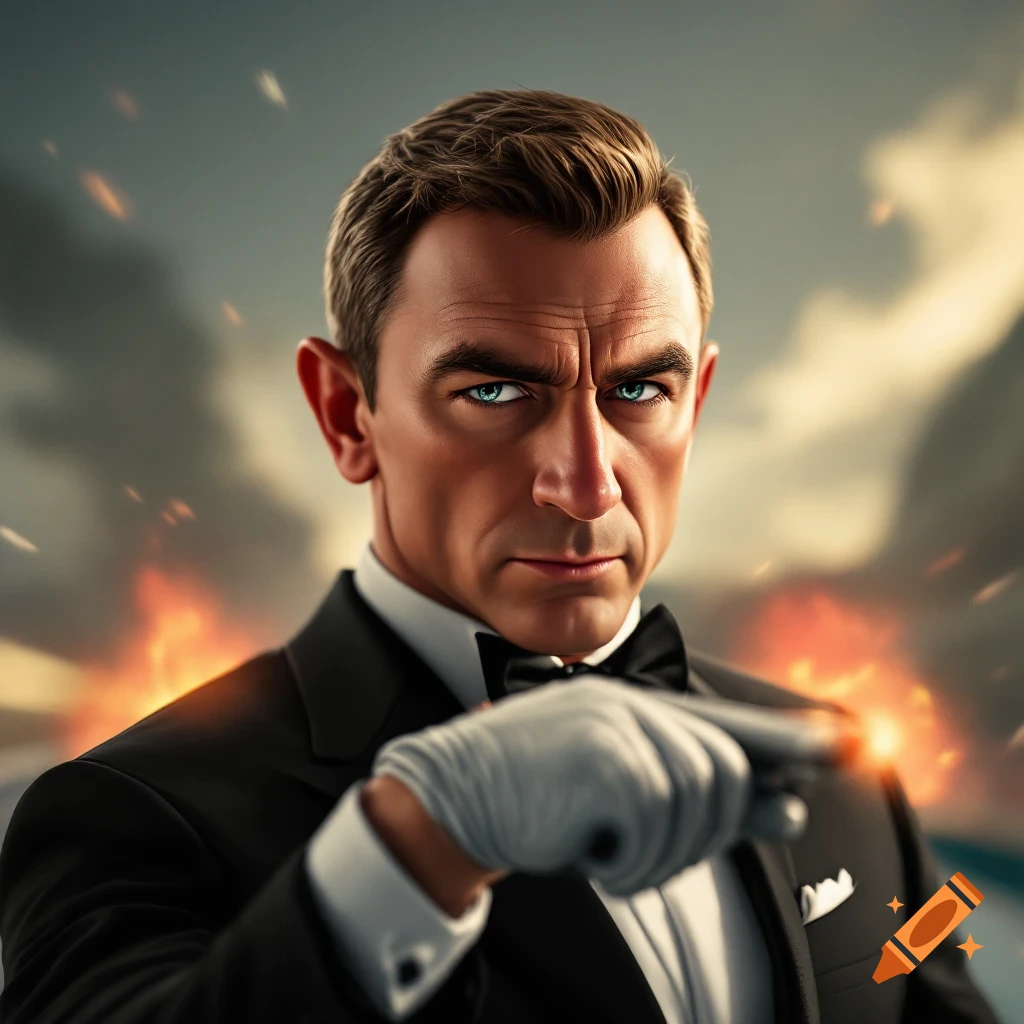 Stylized close-up of a spy character in a tuxedo holding a gun against an explosive background