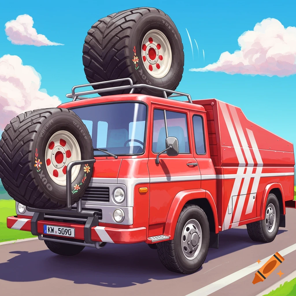 A red truck with large spare tires on the front and roof.