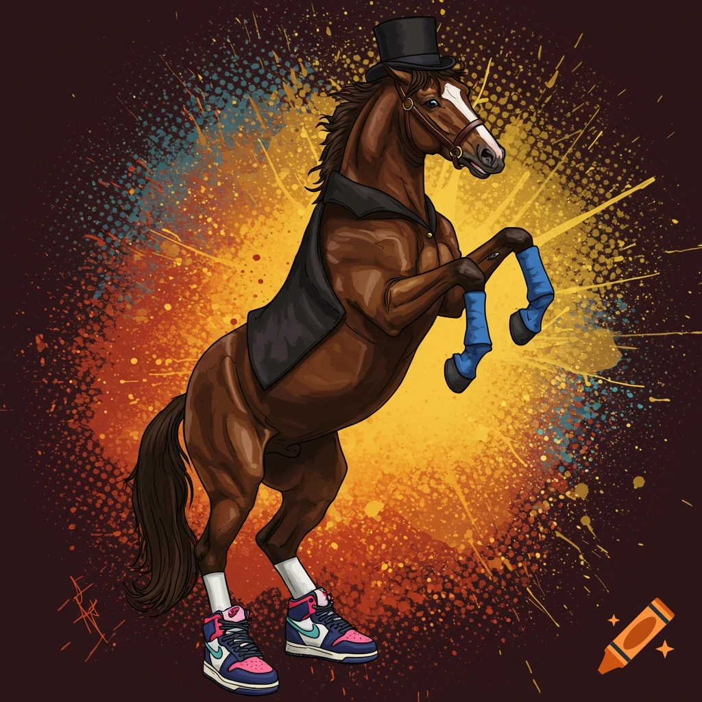 A horse in a top hat, vest, and sneakers stands on its hind legs against a colorful splatter background.