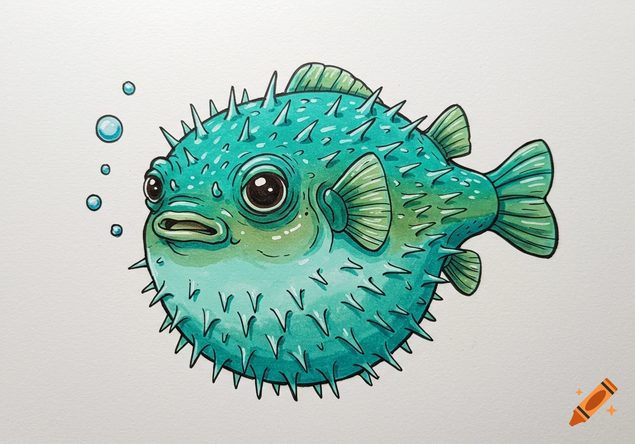 An illustration of a teal and green puffer fish with spikes and bubbles.