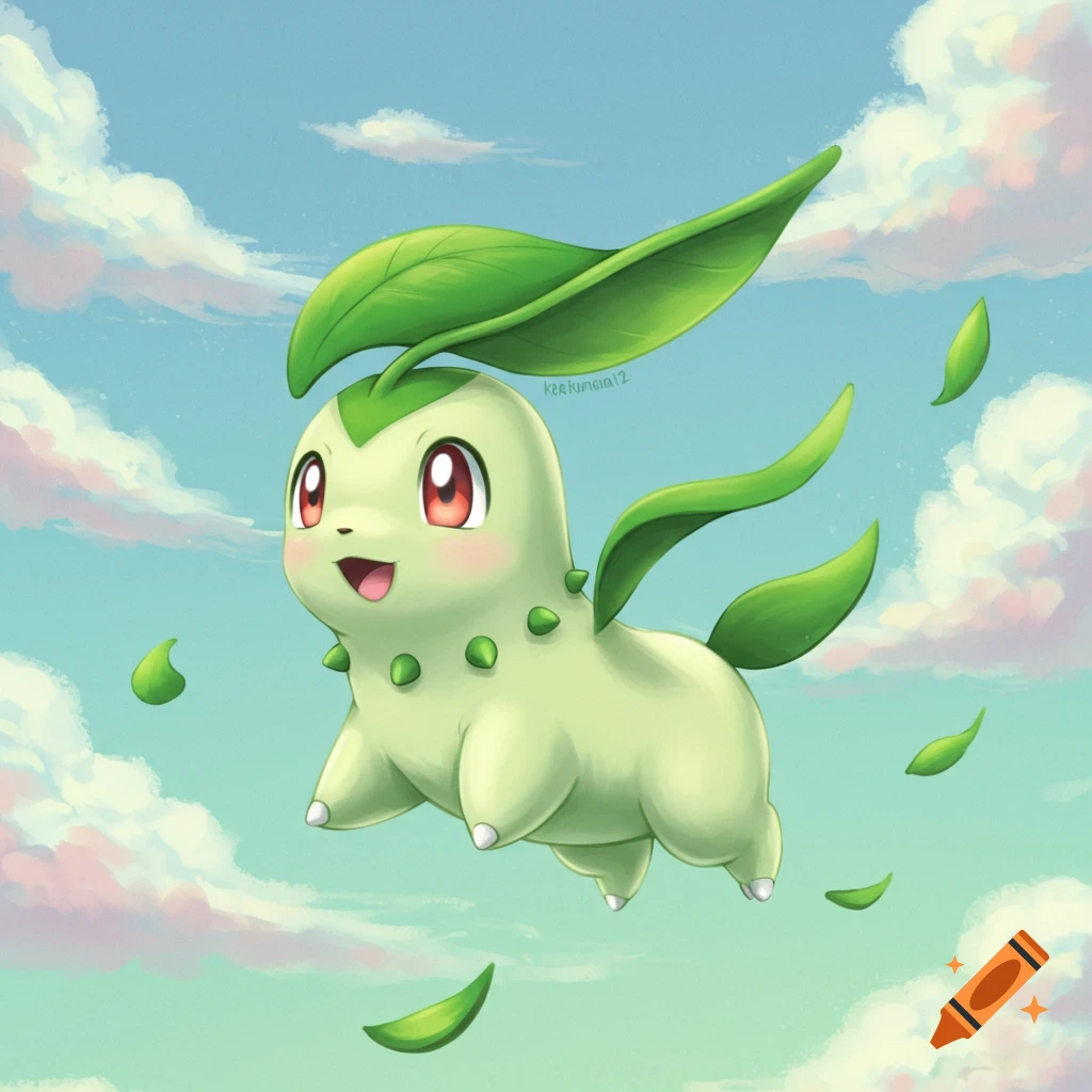 a flying Chikorita Pokemon with green leaves around it in a cloudy sky.