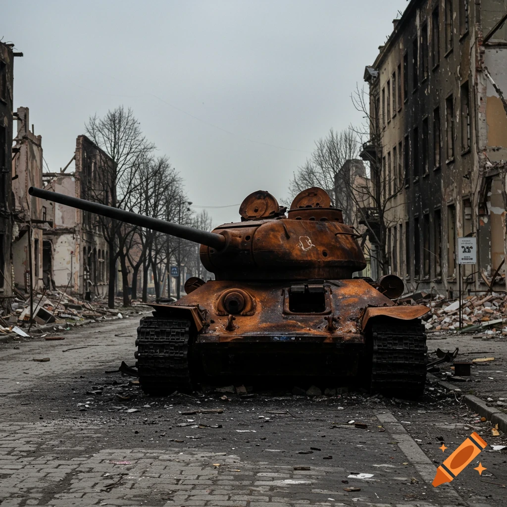 A photorealistic image of a burnt-out tank on a street in a destroyed city.