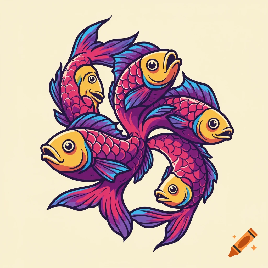 Five stylized fish arranged in a circle, vector graphic illustration.