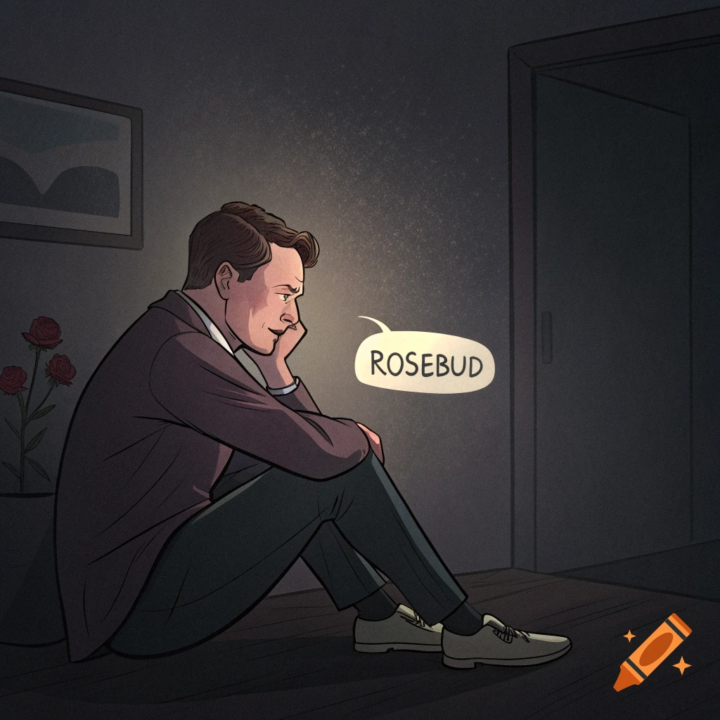 Illustration of a sad man resembling Elon Musk sitting on the floor with a 'ROSEBUD' speech bubble.