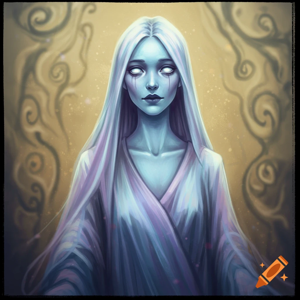 A spectral figure with white hair and glowing eyes.