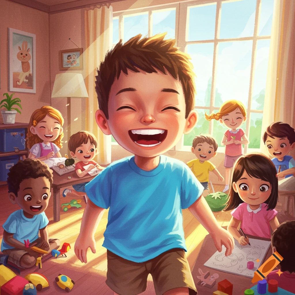 Vibrant image of a diverse group of happy children playing and drawing in a sunlit room.