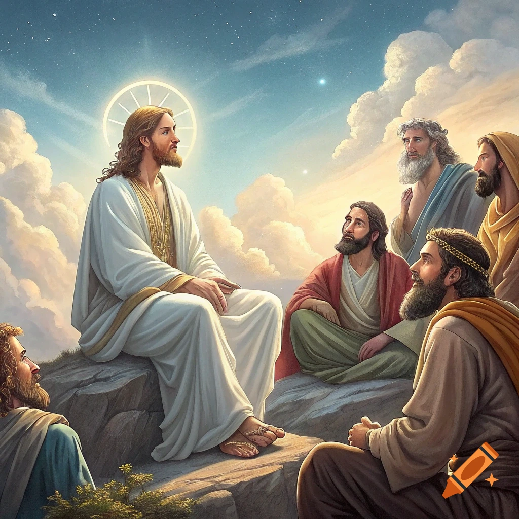 Illustration of Jesus sitting on a rock speaking to several men under a starry sky.