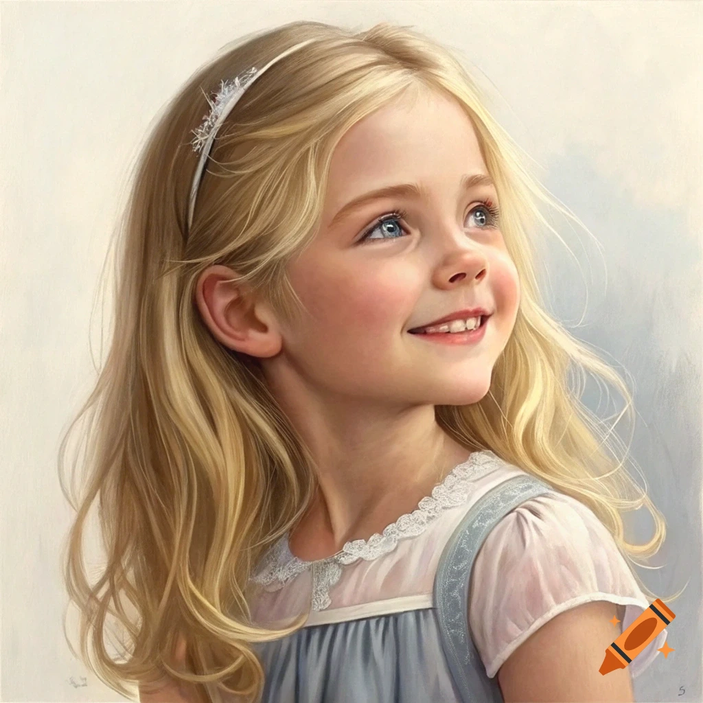 Portrait of a young girl with blonde hair and blue eyes smiling