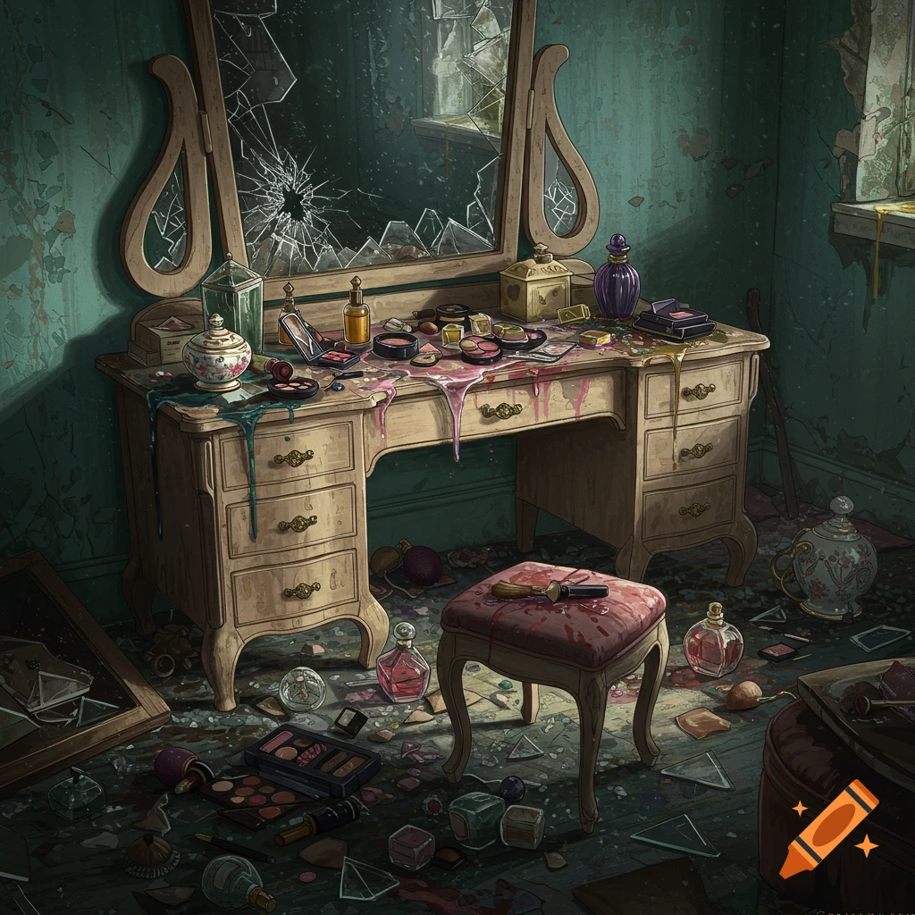 A smashed vanity with scattered makeup and a broken mirror in a messy, decaying room.