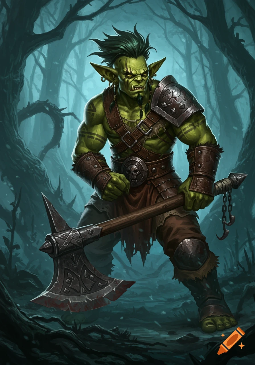 A green orc barbarian in a dark forest holding a large axe.