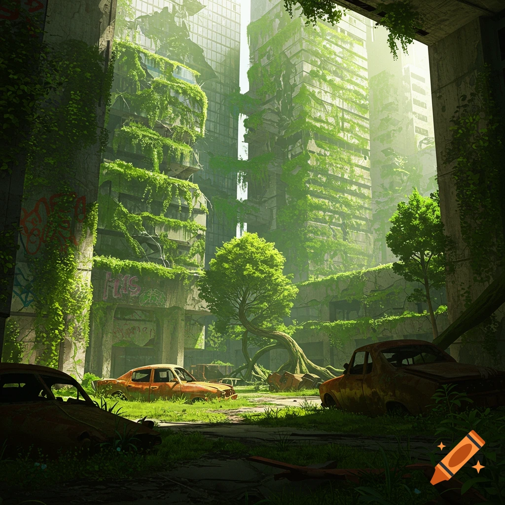 Abandoned skyscrapers and cars overgrown by green nature in a post-apocalyptic city.
