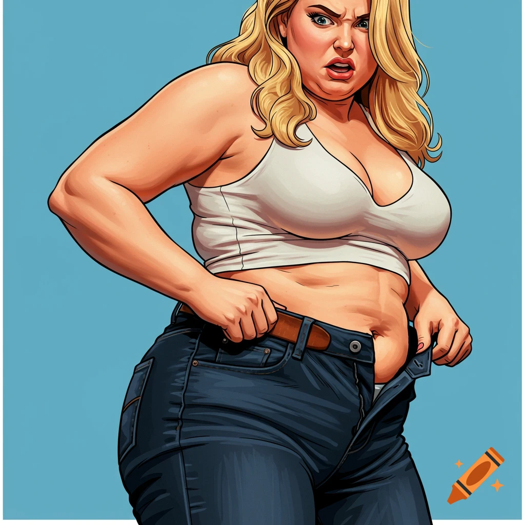 A blonde woman in a bra struggles to zip her jeans