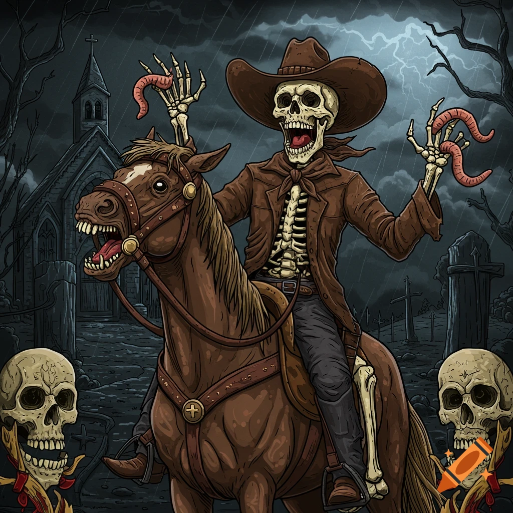 Illustration of a skeleton cowboy riding a horse through a stormy graveyard with a church in the background.