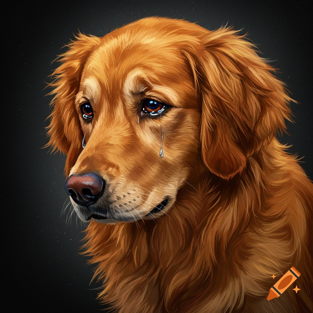 A golden retriever dog with tears in its eyes.