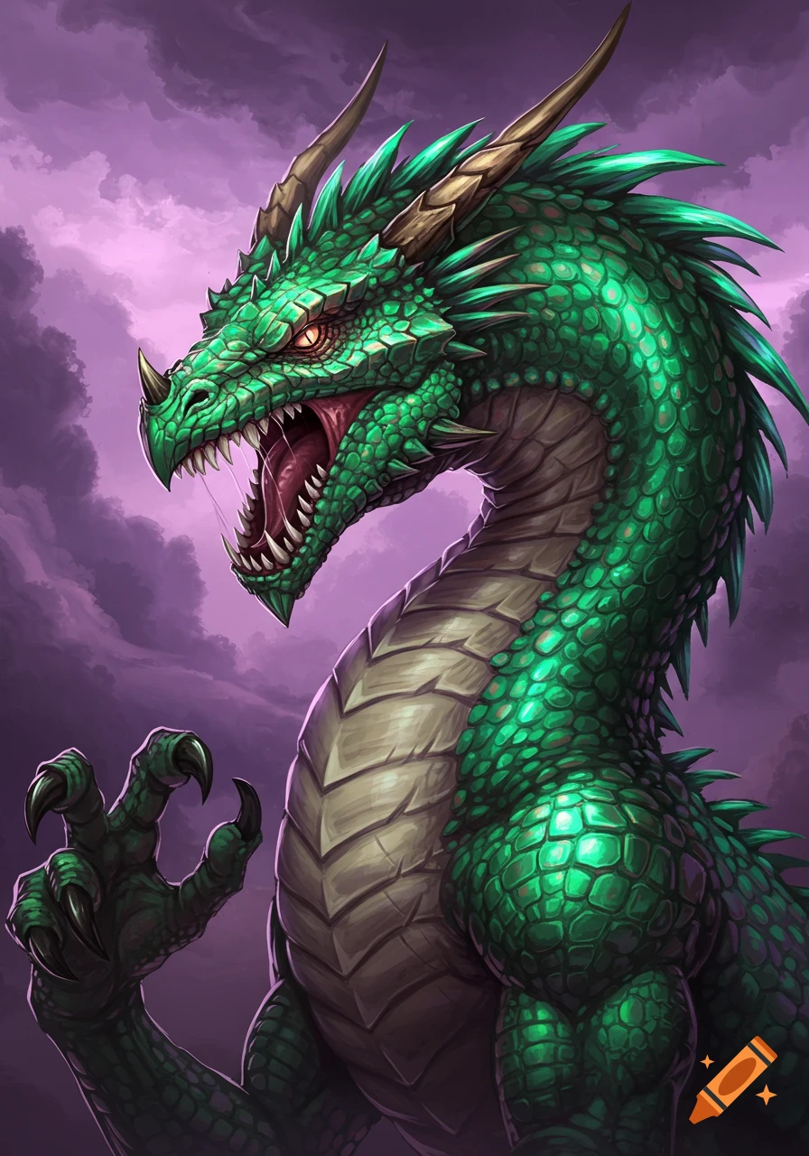 A fierce green dragon with its mouth open against a purple cloudy sky.