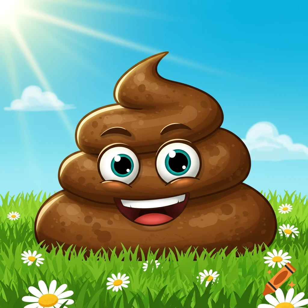 Cartoon poop character in a sunny grassy field with flowers