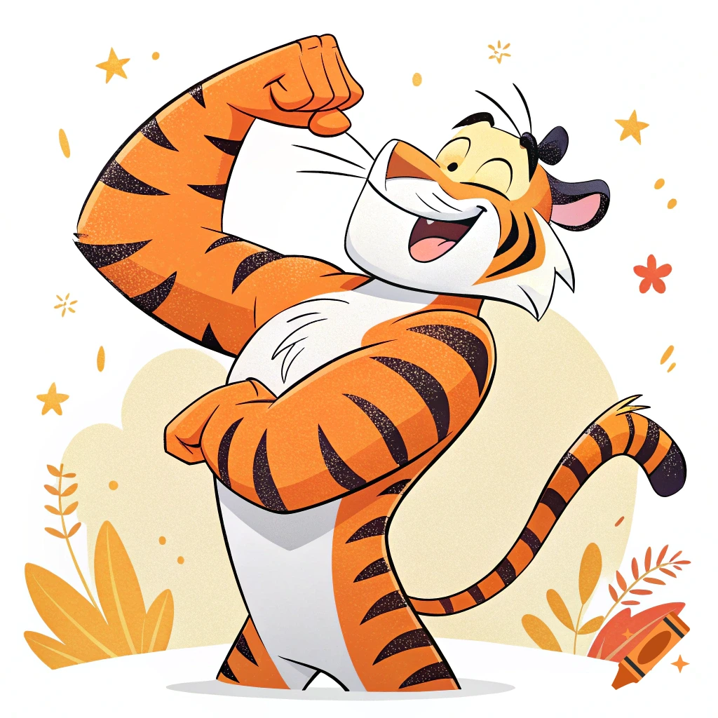 A cartoon tiger flexing a muscle and kissing it