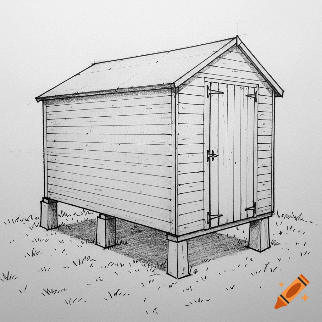 A black and white sketch of a wooden shed elevated on pillars.