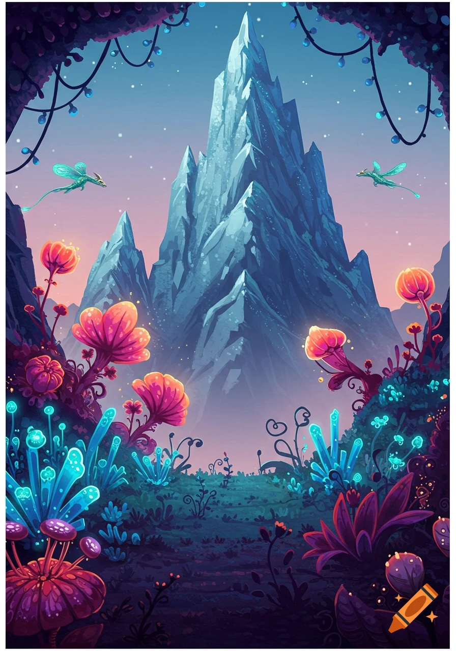 A fantasy landscape with glowing plants, crystals, mountains, and small flying dragons.