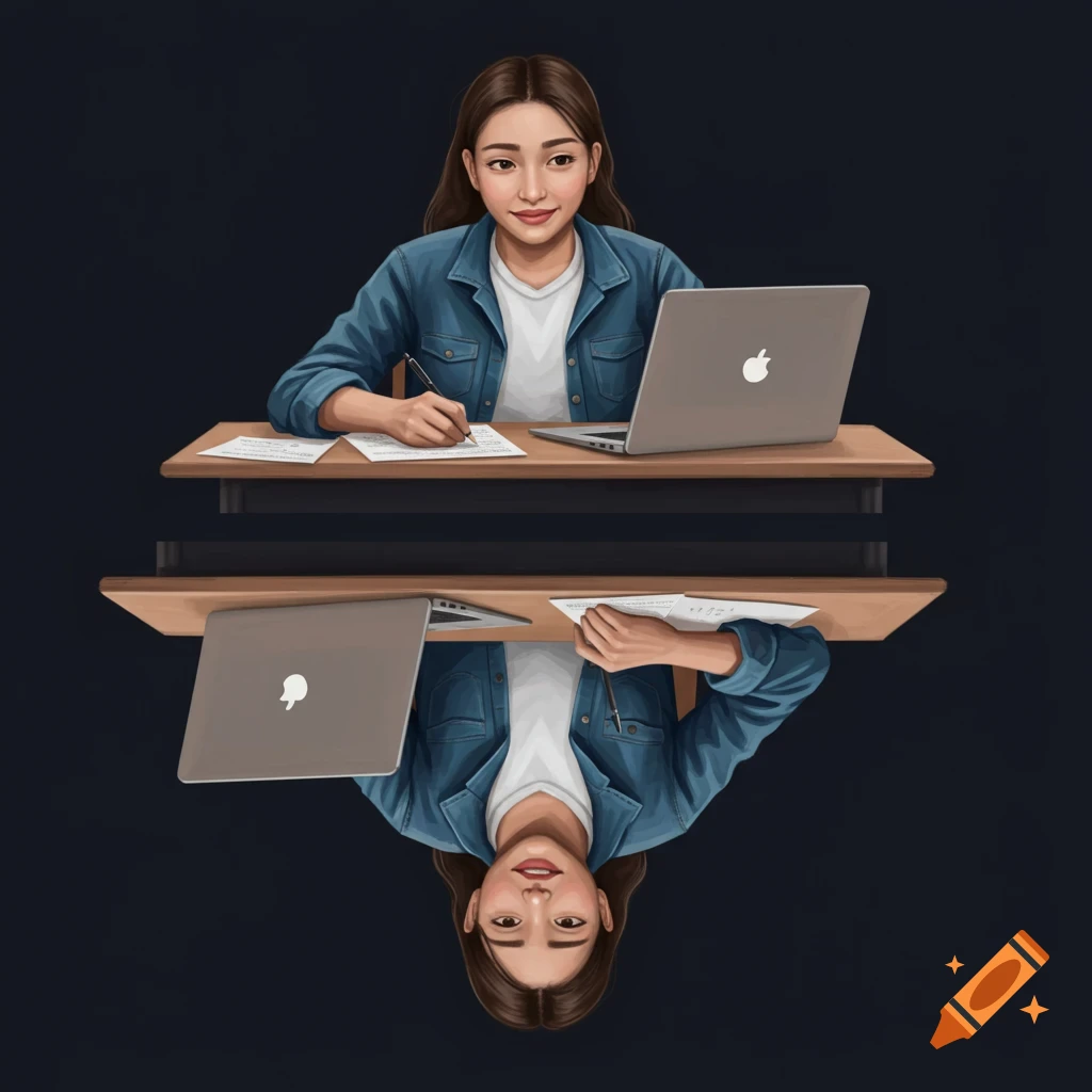 An image of a confident student writing at a desk with a laptop, mirrored by a frustrated student.