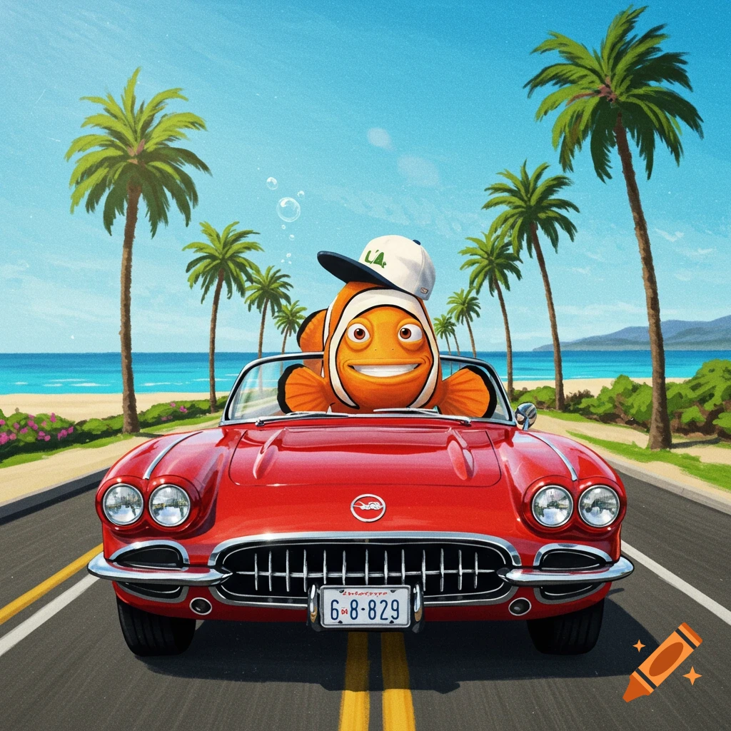 A cartoon clownfish wearing a cap, driving a red convertible Corvette on a coastal road with palm trees.