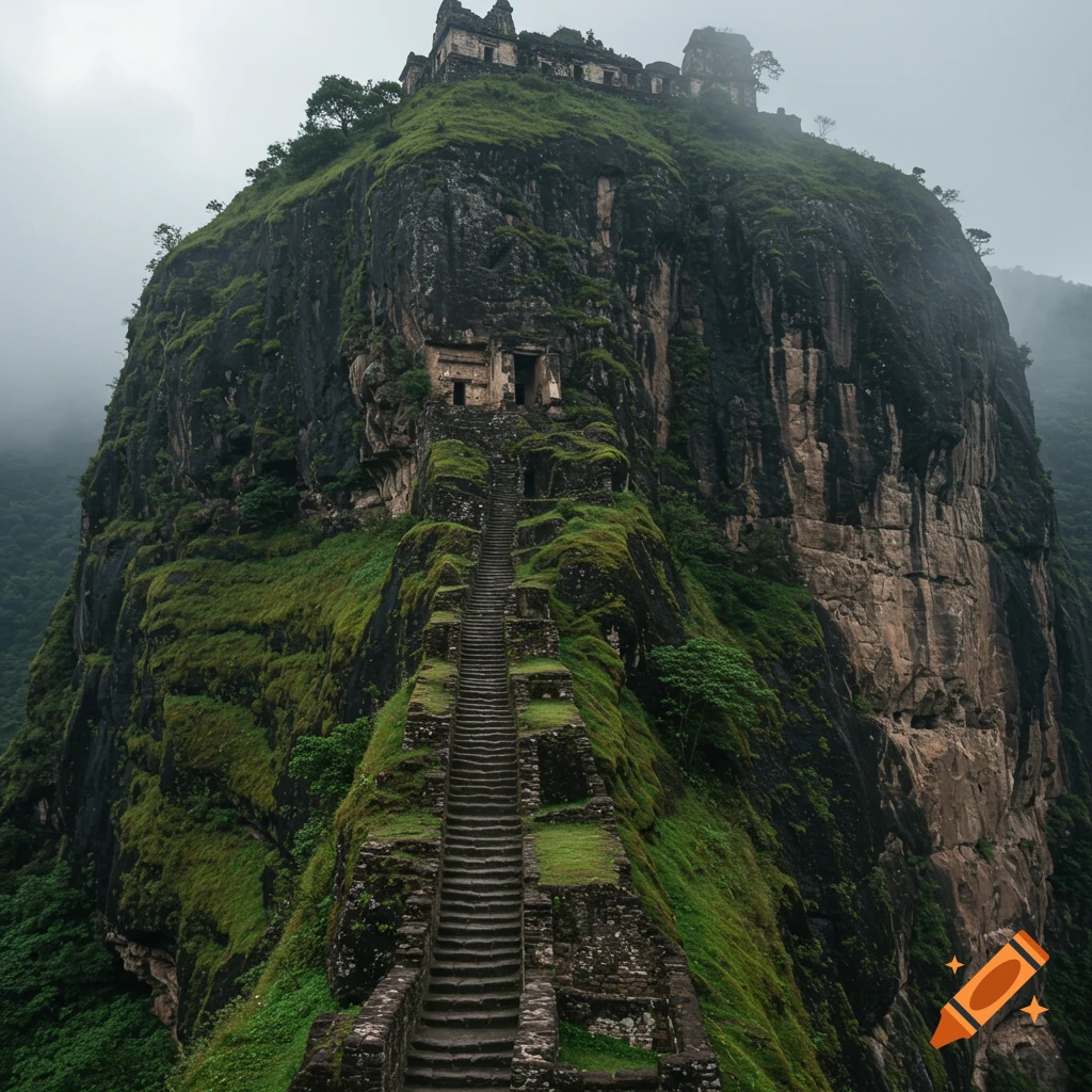 A steep stone staircase ascends a mossy mountain towards ancient ruins at the summit under a misty sky.