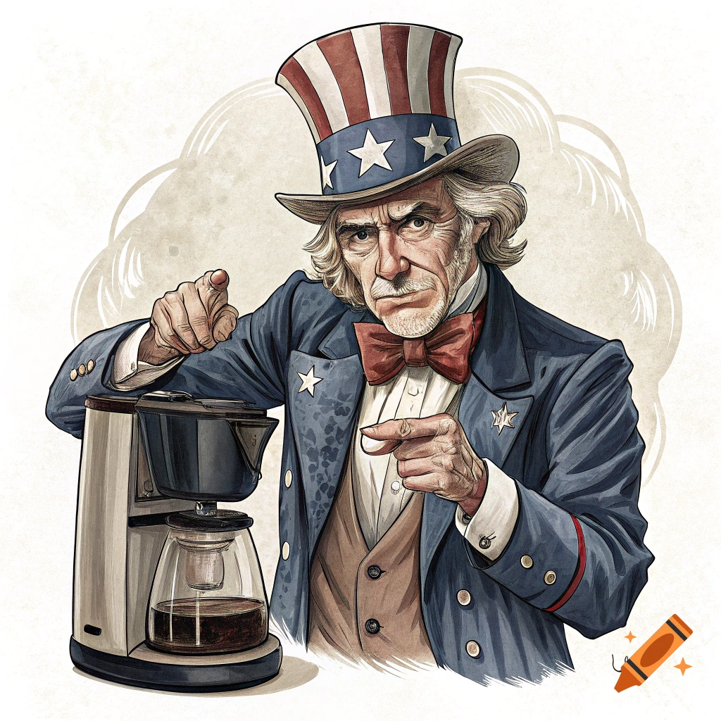 Illustration of Uncle Sam pointing, standing next to a coffee maker.