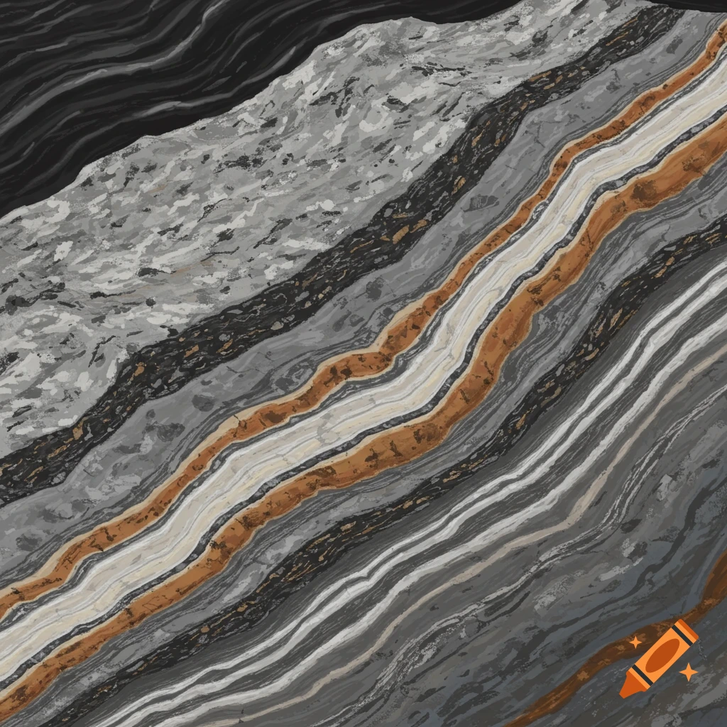 Abstract image of layered metamorphic rock with grey, black, white, and orange colors.