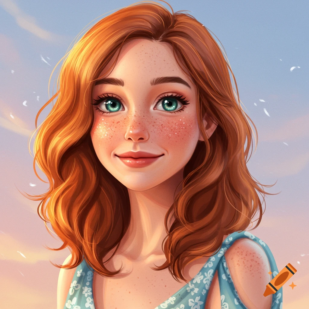 A red-haired woman with green eyes and freckles, smiling against a blurry sky background, wearing a blue floral strap.
