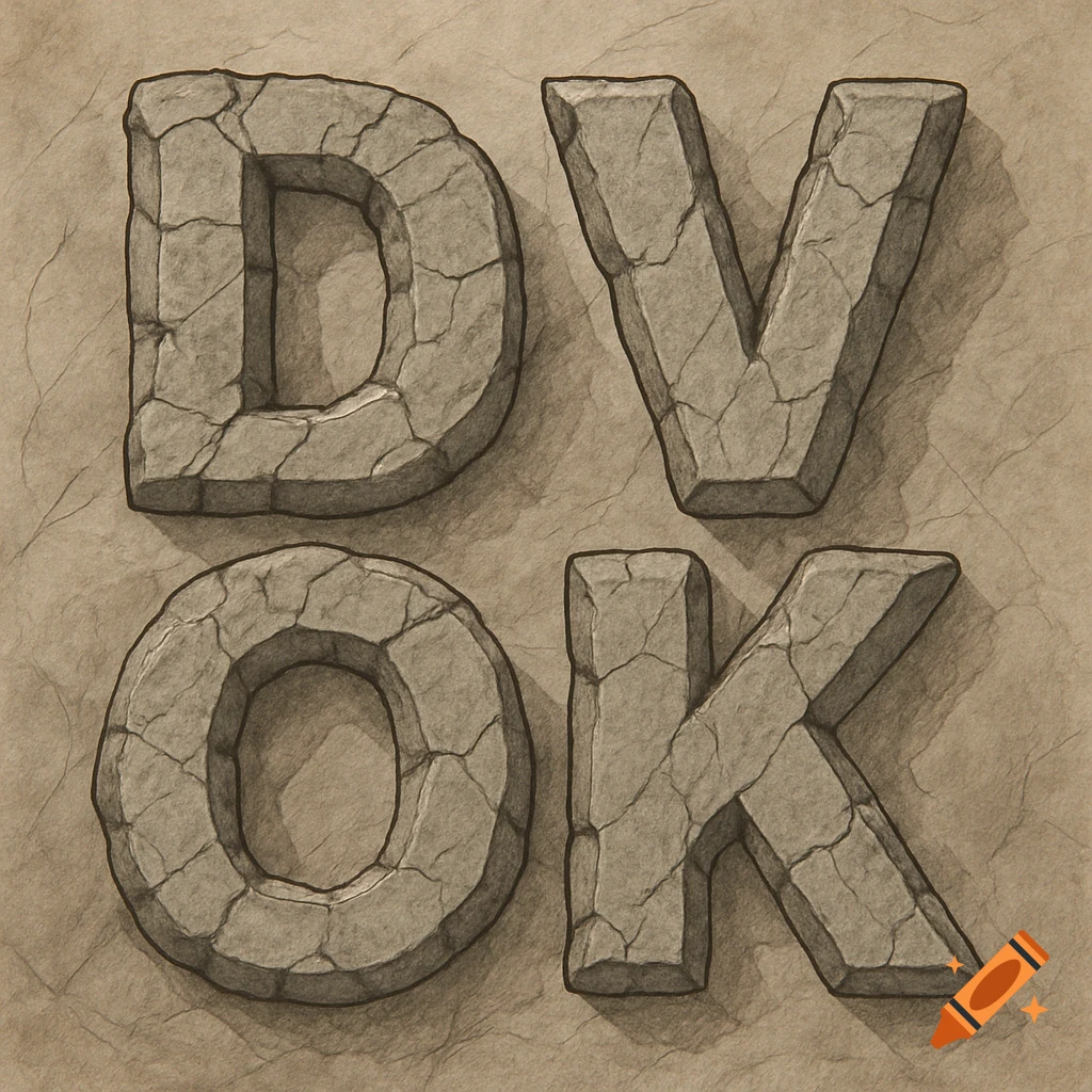 The letters DVOK are rendered as cracked stone.
