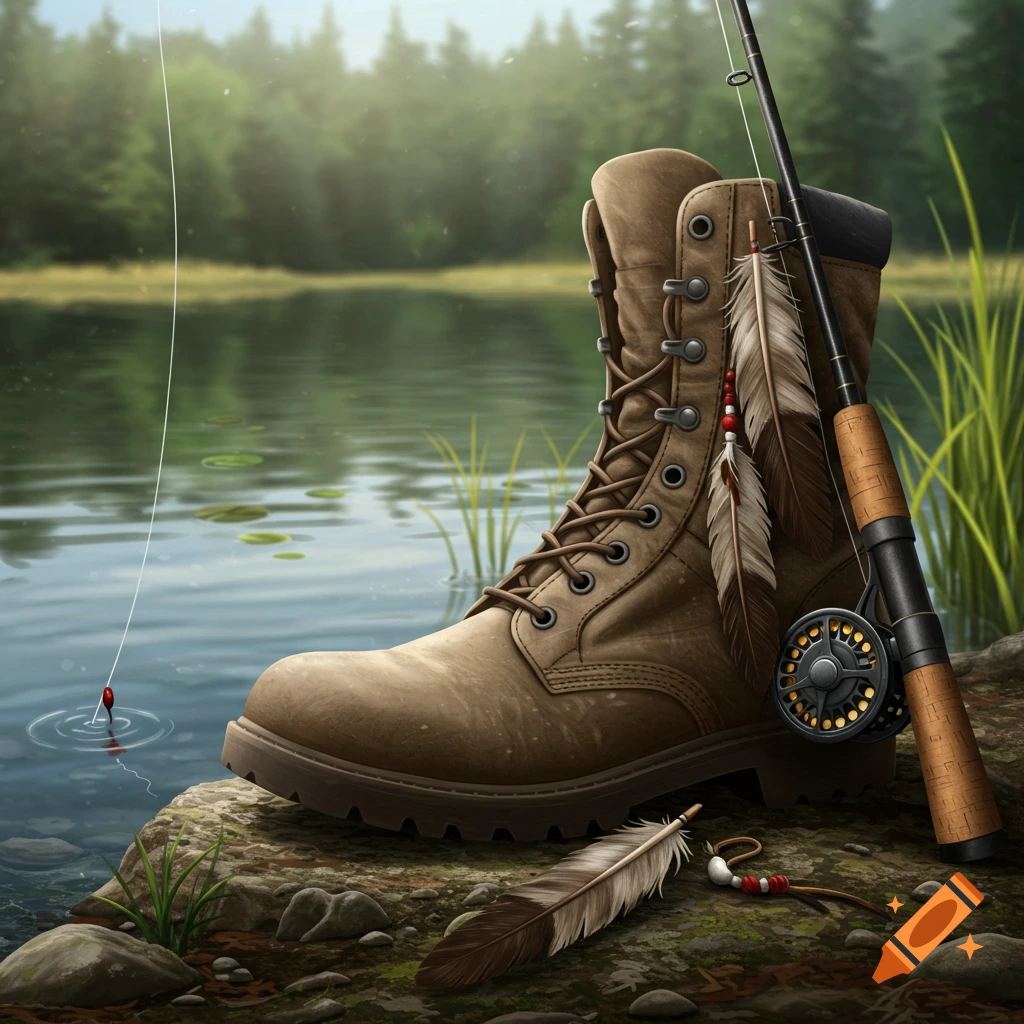 A combat boot with eagle feathers sits next to a fishing rod by a lake with a bobber in the water.