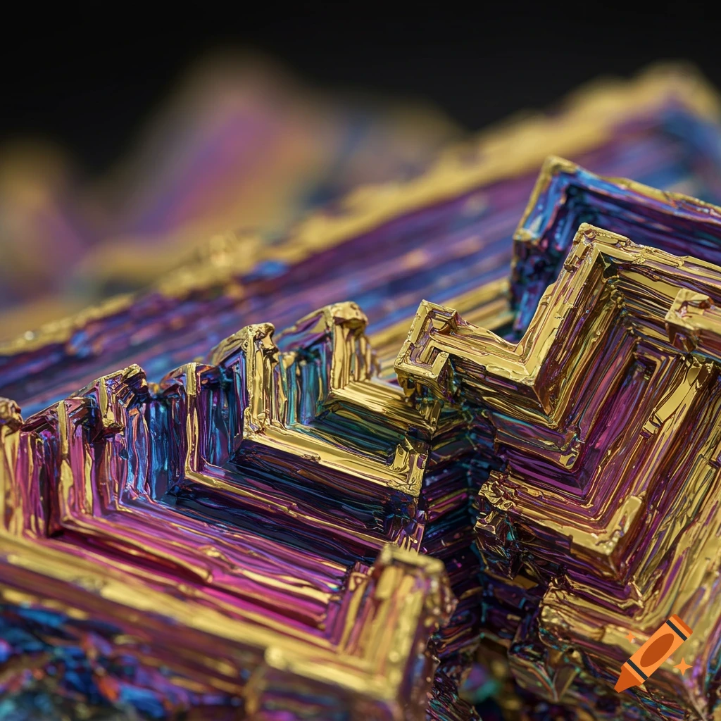 Macro shot of an iridescent Bismuth crystal with geometric stepped structure.