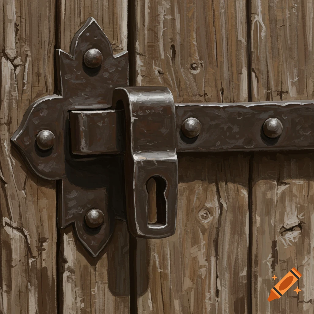 A close-up of an old metal hasp and keyhole on a wooden door.