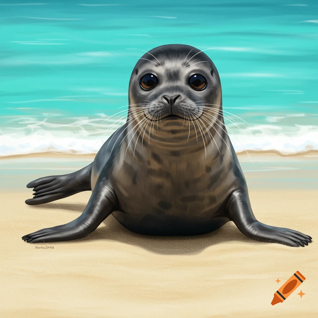 A cute seal lies on a sandy beach with the ocean behind it.