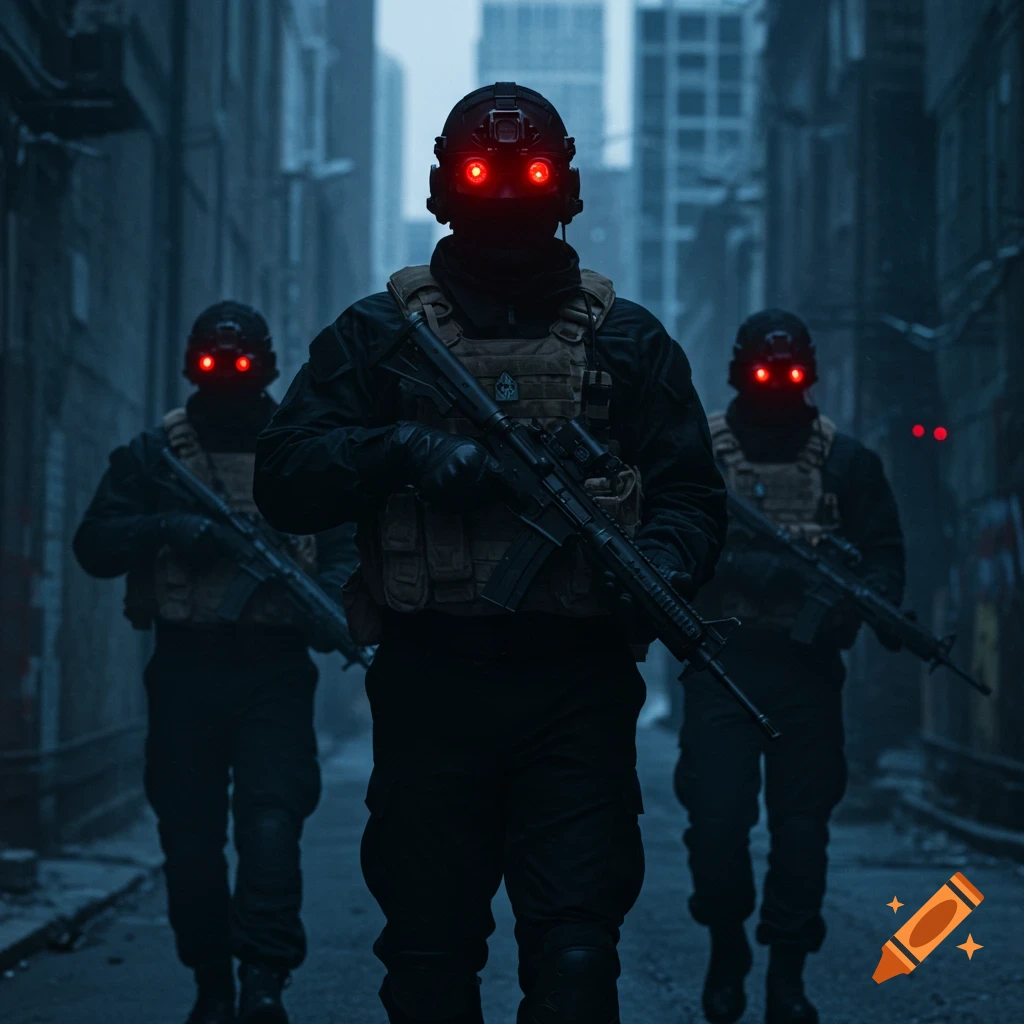 Three figures in black tactical gear with glowing red eyes walk down a dark urban alley carrying rifles. Photorealistic style.