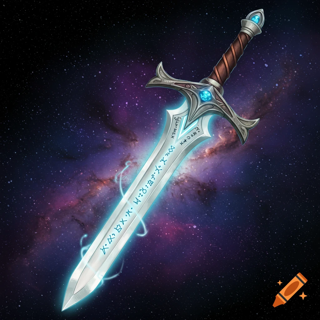 A glowing fantasy sword with runes, set against a galaxy background.