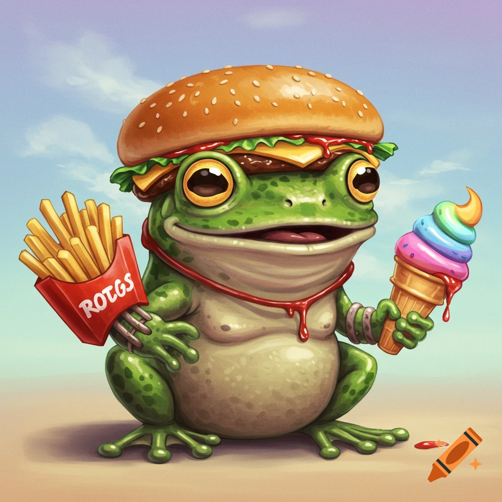 A cartoon frog wears a burger on its head and holds fries and an ice cream cone.