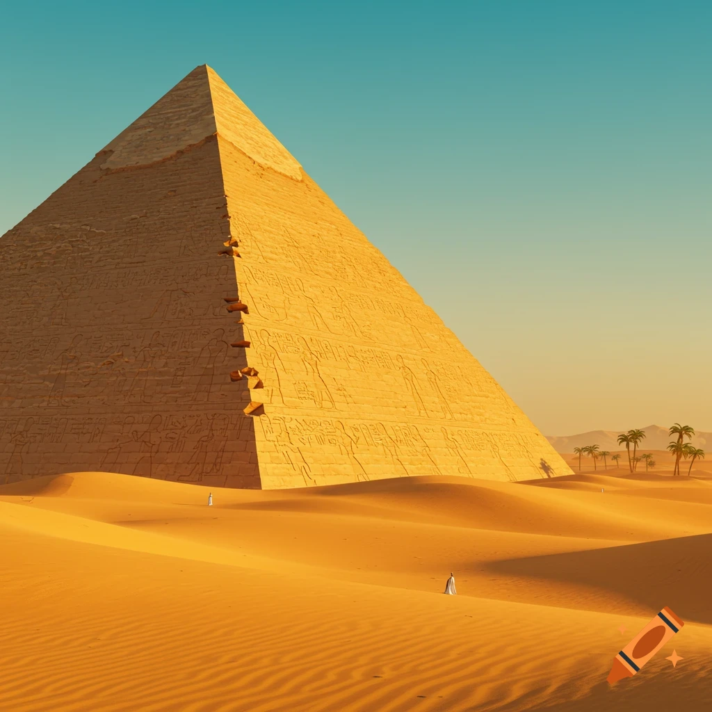An ancient Egyptian pyramid in a desert landscape