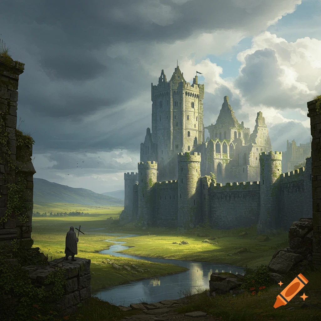 A medieval castle stands in a valley beside a winding river, with a robed figure holding a cross nearby.