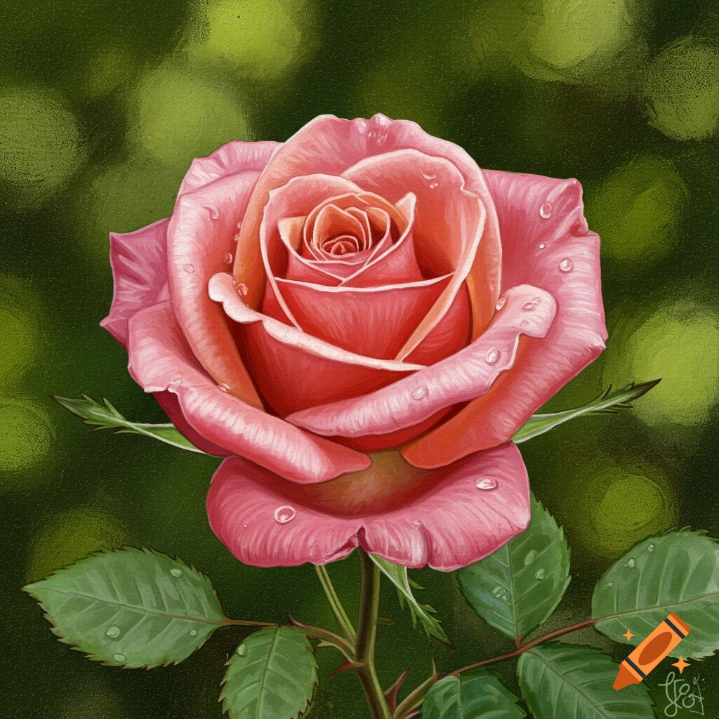 Close-up of a pink rose with dew drops on its petals and leaves against a blurry green background.