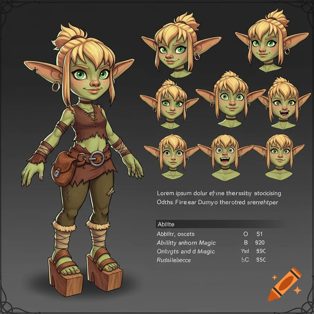 Cartoon fantasy goblin character sheet showing full body pose and multiple head expressions, illustrative style.