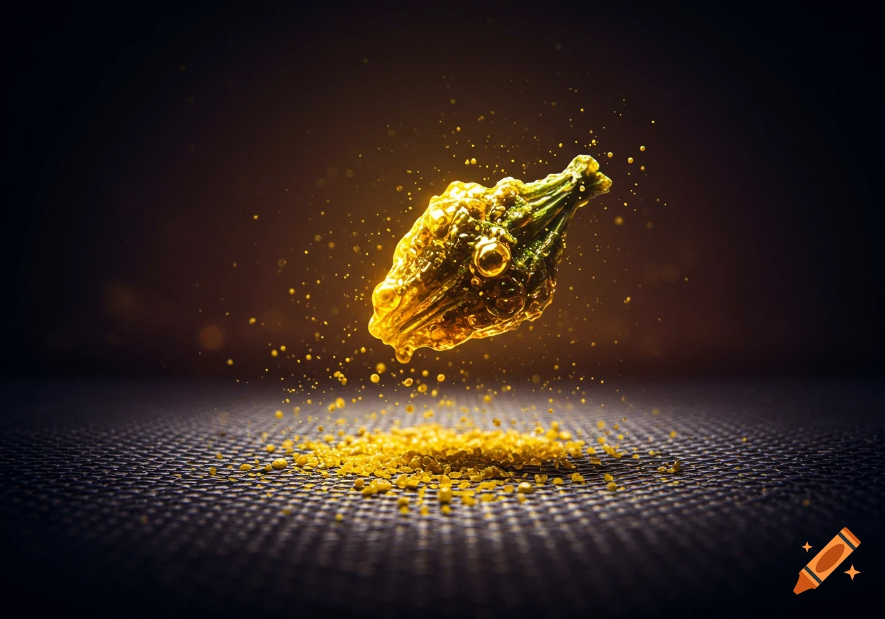 Macro photograph of golden particles falling onto a dark textured surface