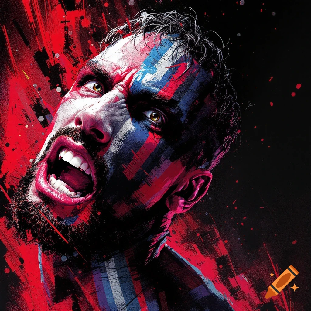 Stylized portrait of an intense man with face paint and open mouth screaming, red and blue abstract strokes.
