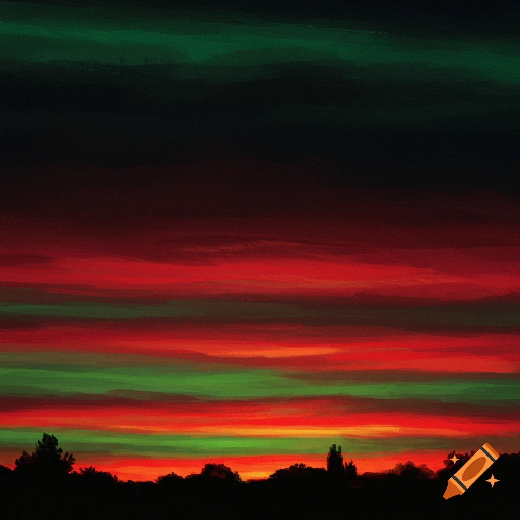 A sunset with red and green horizontal bands in the dark sky over a silhouette of trees.