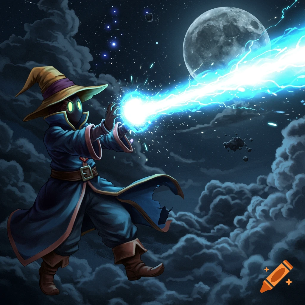 A stylized figure resembling a black mage casts a blue energy beam towards the moon in a cloudy night sky.