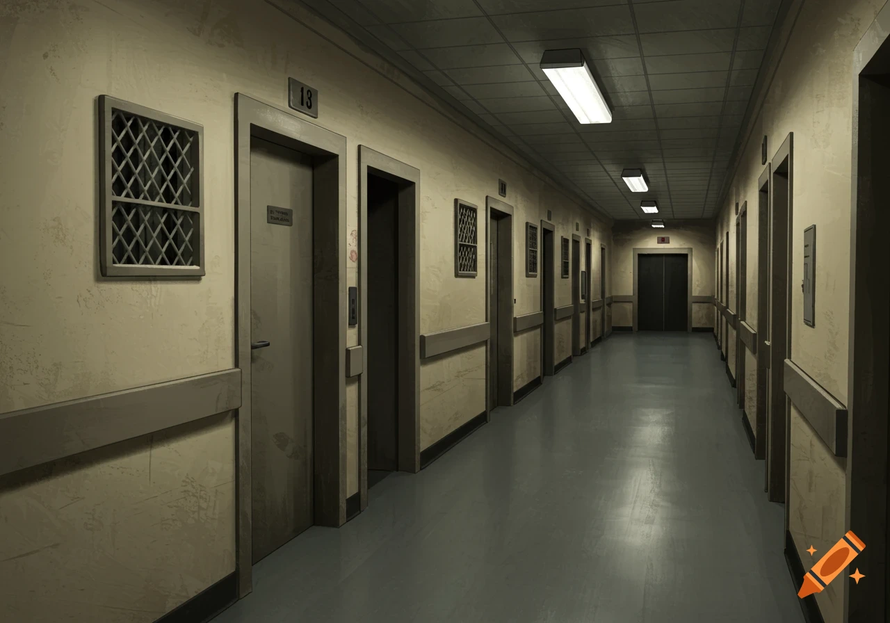 A long, dimly lit hallway with many elevator doors and barred windows.