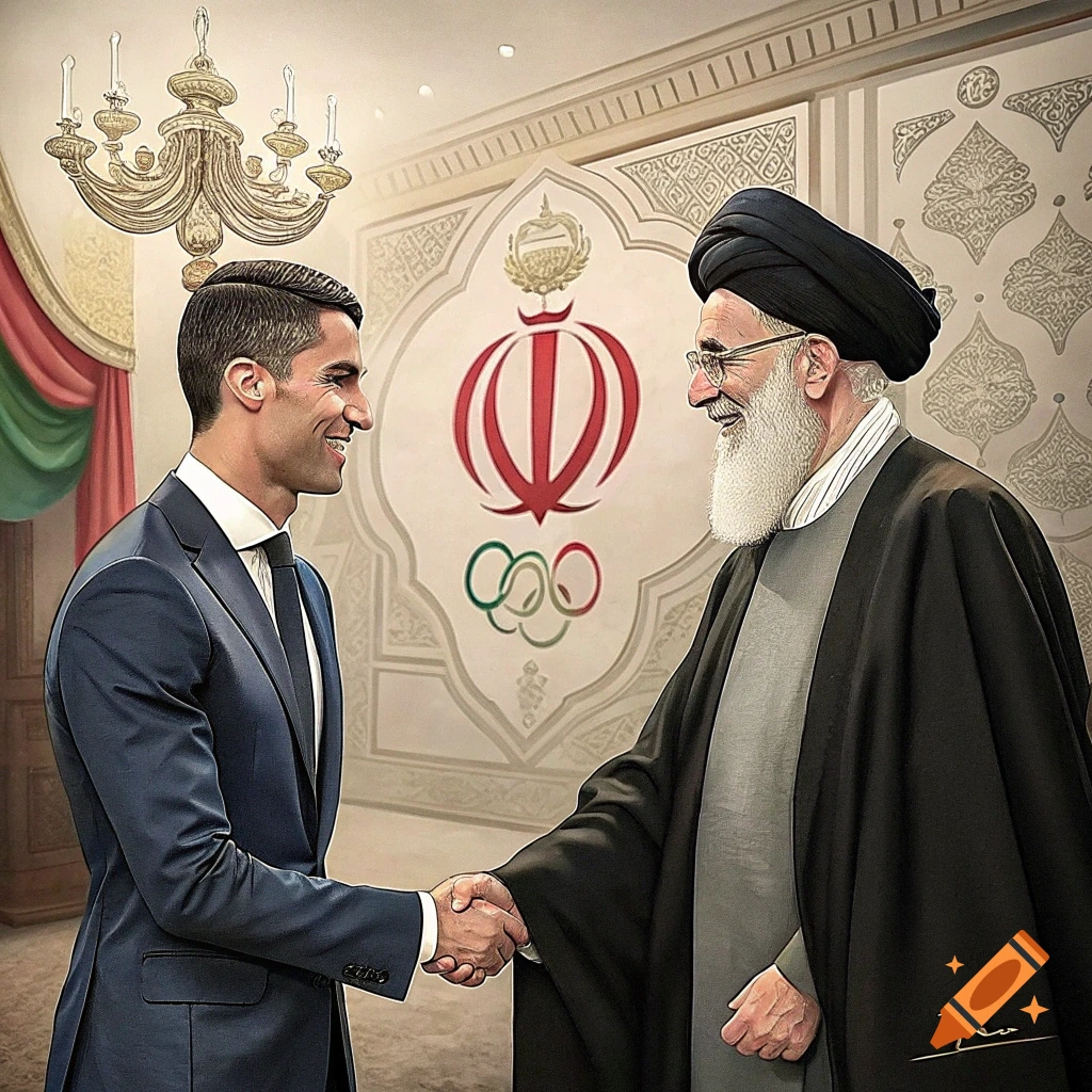 Two men, one in a suit, one in a black robe and turban, shake hands and smile in a formal room with symbols on the wall. Digital illustration.