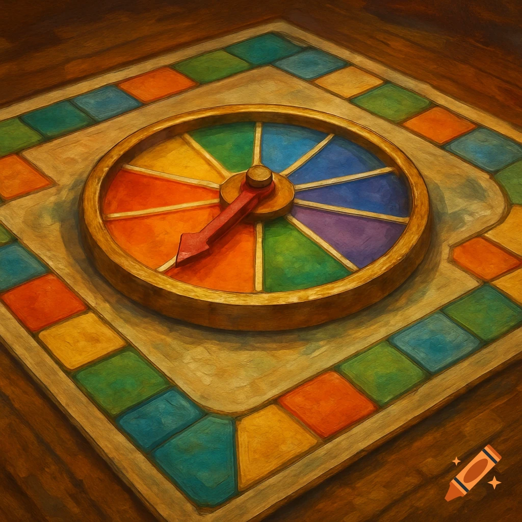 A game board with a colorful spinner wheel